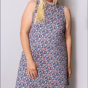 PLUS LIGHT DISTY FLORAL SLEEVELESS SWING DRESS WITH MOCK NECKLINE